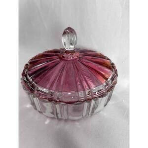Vintage Anchor Hocking Old Cafe Cranberry Clear Glass Striped Candy Dish